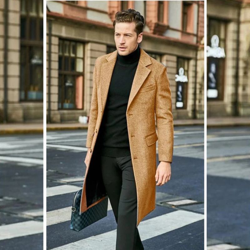 Mann in luxuriösem Mantel für Herren, perfekt für kalte Herbst- und Wintertage.