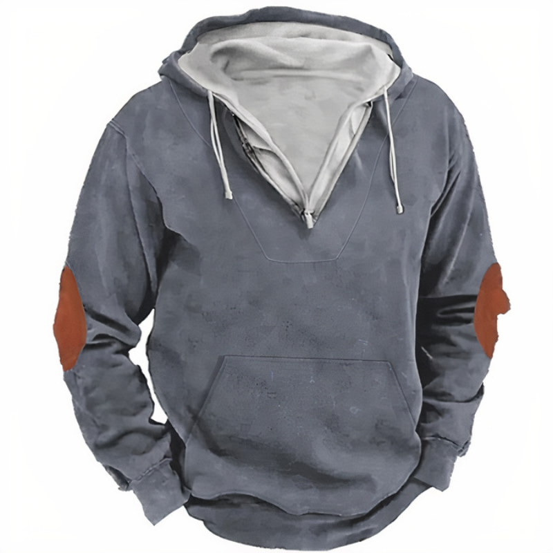 Warmer Kapuzenpullover für Männer mit kariertem Futter, kontrastierenden Ellbogen-Patches und durchgehendem Reißverschluss, ideal für einen lässigen Stil und Wärme.