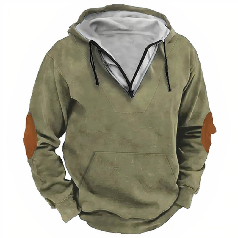 Warmer Kapuzenpullover für Männer mit kariertem Futter, kontrastierenden Ellbogen-Patches und durchgehendem Reißverschluss, ideal für einen lässigen Stil und Wärme.