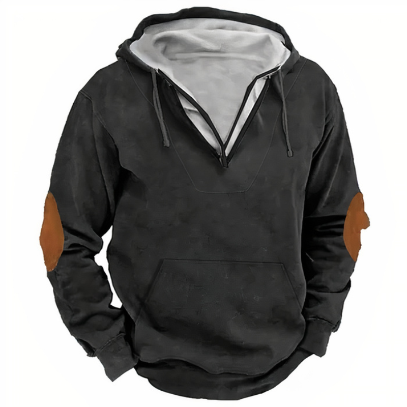 Warmer Kapuzenpullover für Männer mit kariertem Futter, kontrastierenden Ellbogen-Patches und durchgehendem Reißverschluss, ideal für einen lässigen Stil und Wärme.