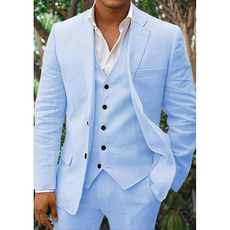 3-teiliger Herren-Leinenanzug mit Blazer, Weste und Hose in klassischer Passform, dargestellt an einem Modell.