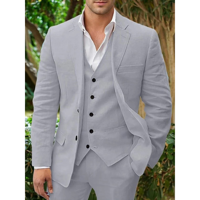3-teiliger Herren-Leinenanzug mit Blazer, Weste und Hose in klassischer Passform, dargestellt an einem Modell.