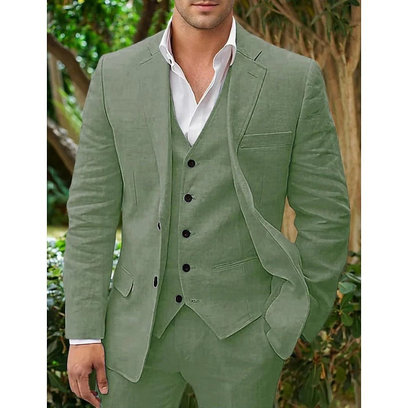3-teiliger Herren-Leinenanzug mit Blazer, Weste und Hose in klassischer Passform, dargestellt an einem Modell.