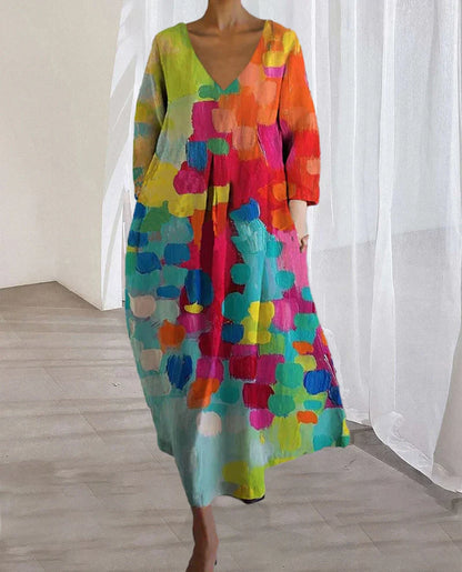 Bunt bedrucktes Kleid mit V-Ausschnitt - Carys