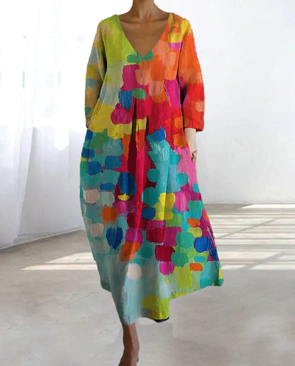 Bunt bedrucktes Kleid mit V-Ausschnitt - Carys