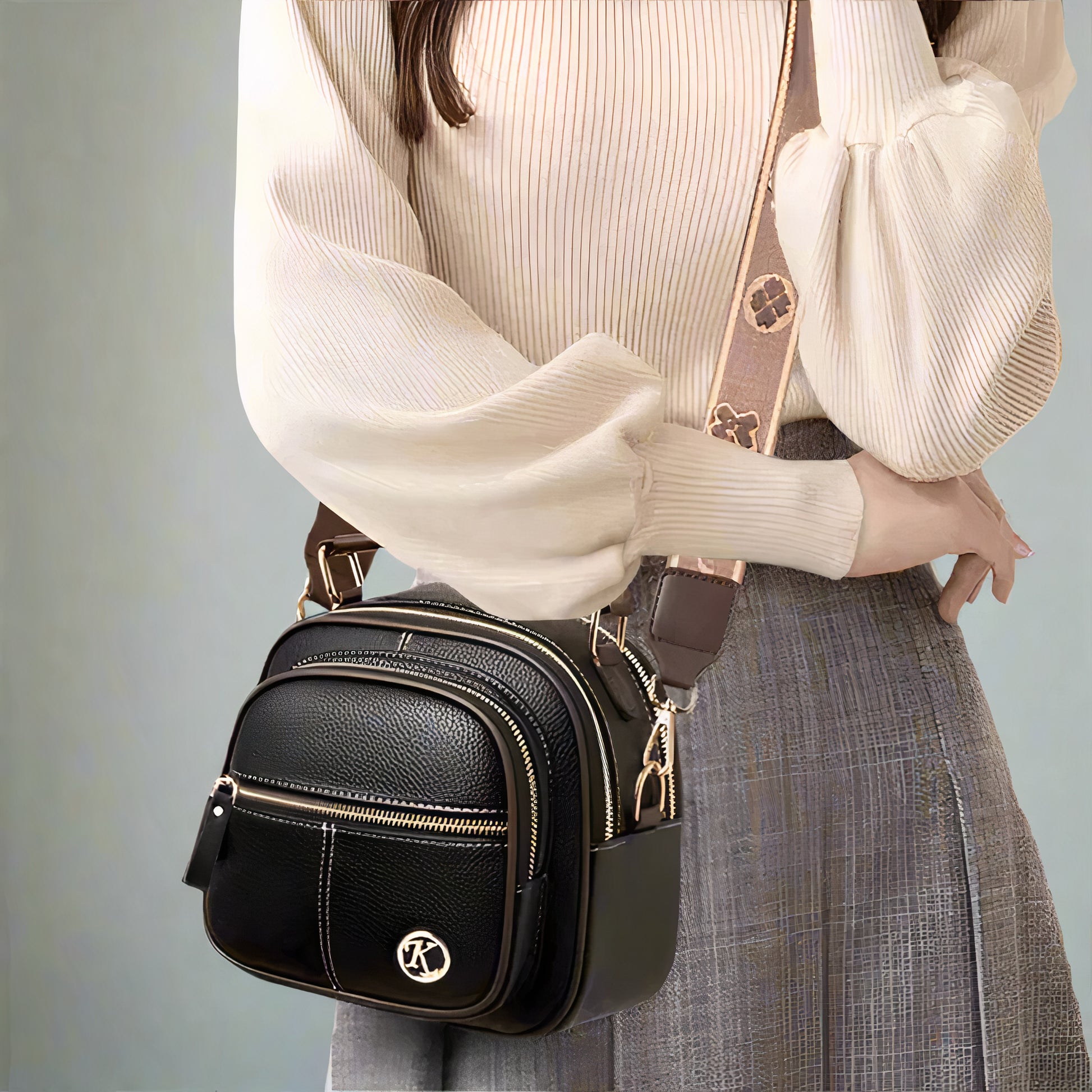 Damen Vintage Leder Crossbody Tasche mit verstellbarem Riemen und eleganter Verarbeitung.






