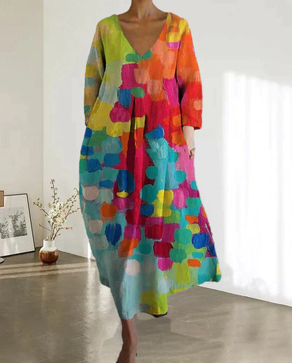 Bunt bedrucktes Kleid mit V-Ausschnitt - Carys