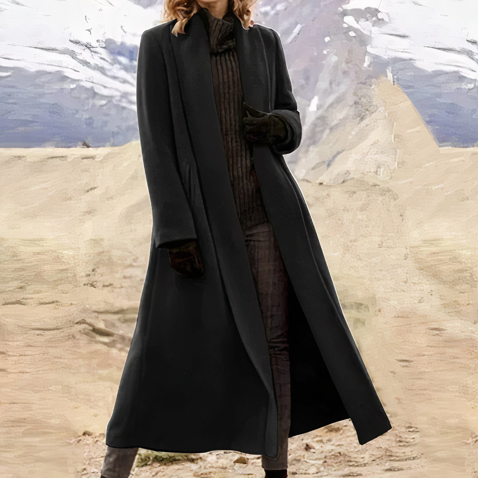 Eleganter langer Wintermantel für Damen, ideal für kalte Herbst- und Wintertage, zeitlos und stilvoll.