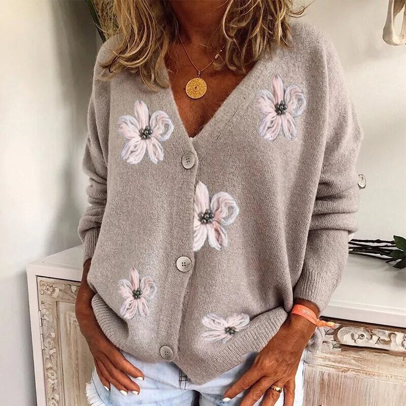 Geblümte Strickjacke für Frauen, romantisch und bequem, mit floralem Muster und angenehmer Wärme