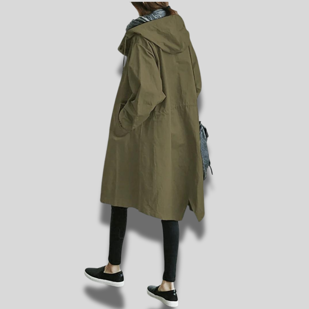 Wasserdichter Mantel mit Kapuze für Frauen, ideal für regnerische Tage und kaltes Wetter.