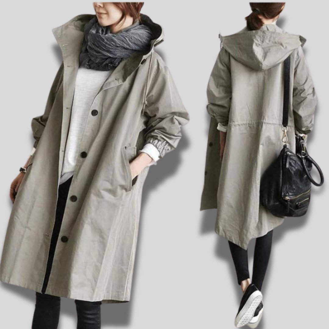 Wasserdichter Mantel mit Kapuze für Frauen, ideal für regnerische Tage und kaltes Wetter.