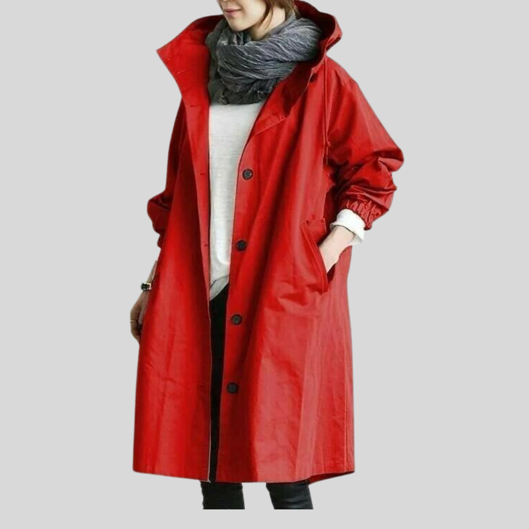 Wasserdichter Mantel mit Kapuze für Frauen, ideal für regnerische Tage und kaltes Wetter.