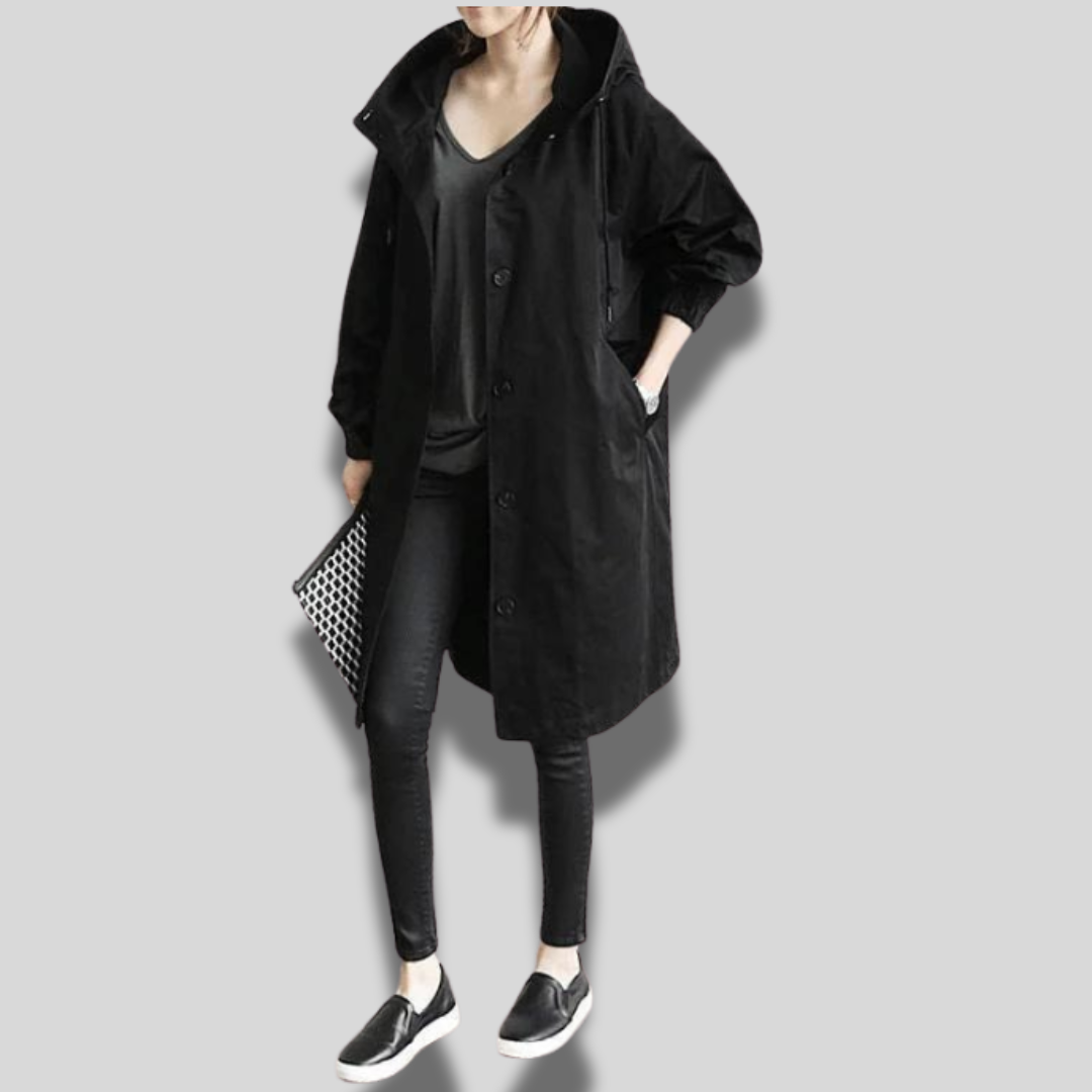 Wasserdichter Mantel mit Kapuze für Frauen, ideal für regnerische Tage und kaltes Wetter.